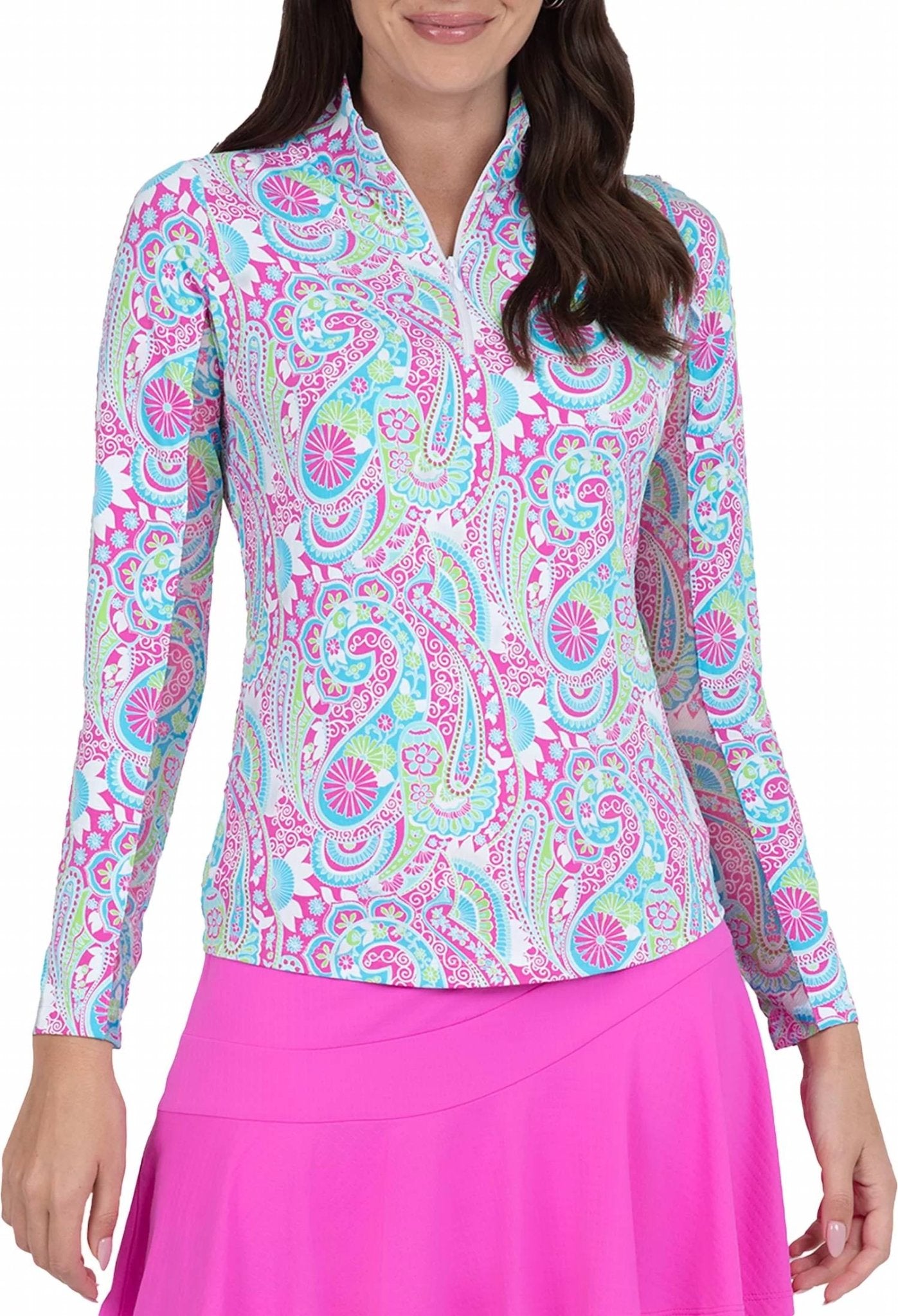 Ibkul - Mock Zip Neck Top - Gloria - clothing - nylon - blend - pink