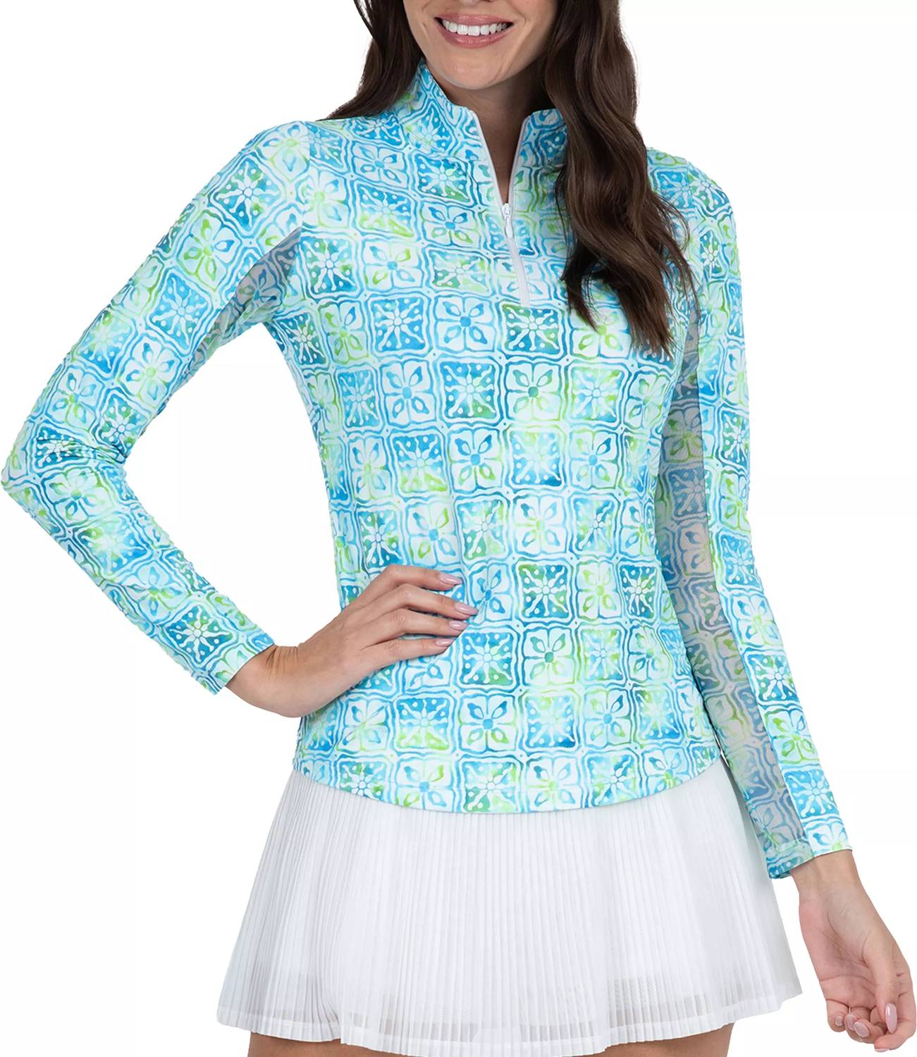 Ibkul - Mock Zip Neck Top - Kathy - blue - clothing - nylon - blend