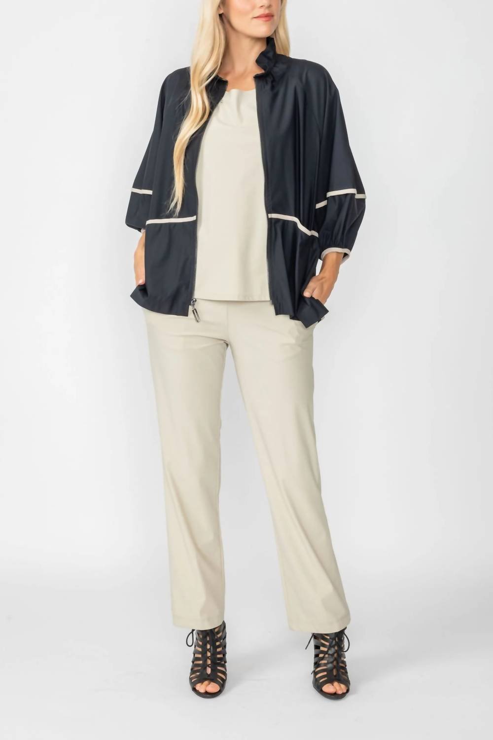 Ic Collection - Stretch Rouched Sleeve Rouched Stand Neck Zip Up Jacket - black - bomber - jackets - clothing