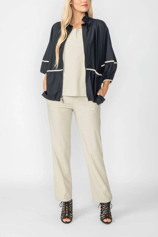 Ic Collection - Stretch Rouched Sleeve Rouched Stand Neck Zip Up Jacket - black - bomber - jackets - clothing