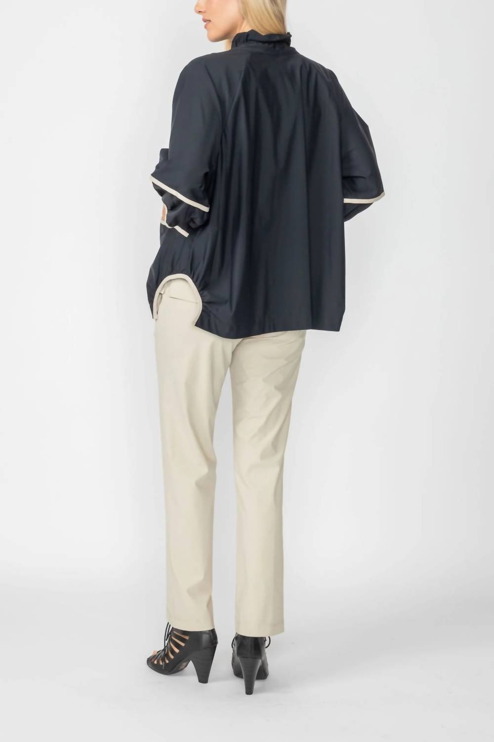 Ic Collection - Stretch Rouched Sleeve Rouched Stand Neck Zip Up Jacket - black - bomber - jackets - clothing