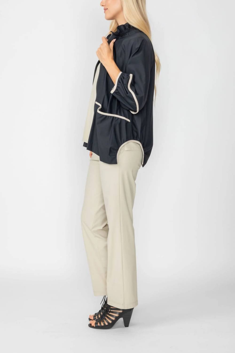 Ic Collection - Stretch Rouched Sleeve Rouched Stand Neck Zip Up Jacket - black - bomber - jackets - clothing