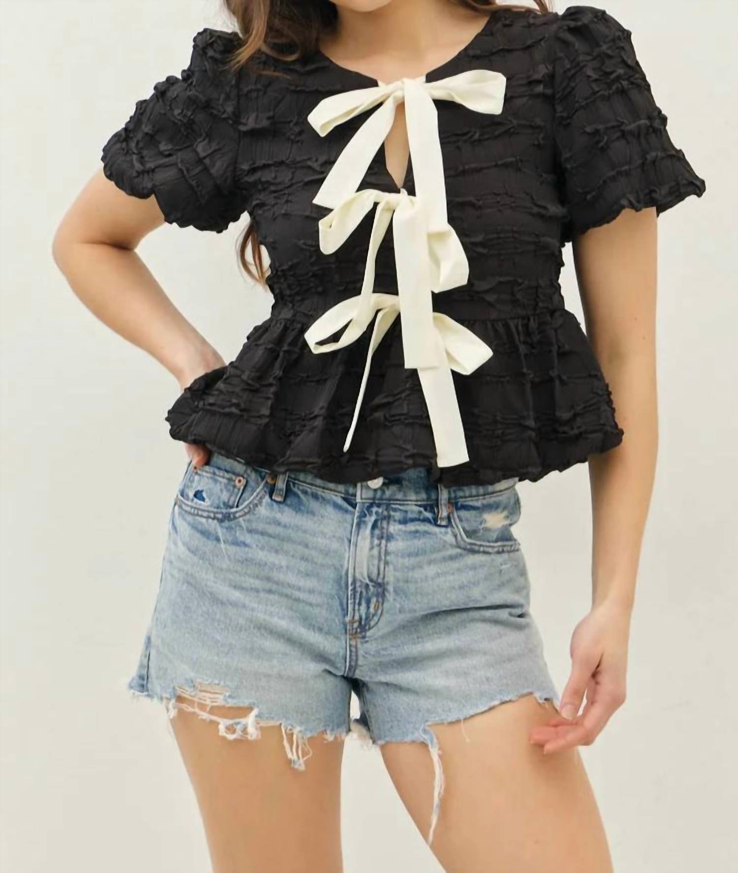 Idem Ditto - Bubble Blouse With Contrast Bows - black - blouses - clothing