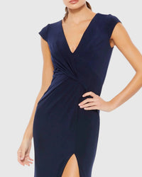 Ieena For Mac Duggal - Elegant Evening Jersey V Neck Gown - blue - clothing - dresses