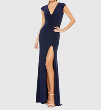 Ieena For Mac Duggal - Elegant Evening Jersey V Neck Gown - blue - clothing - dresses