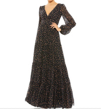 Ieena For Mac Duggal - Floral Ruffles Tiered Long Sleeve Maxi Dress - black - clothing - dresses
