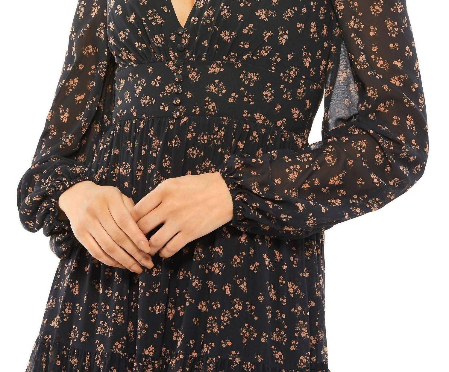 Ieena For Mac Duggal - Floral Ruffles Tiered Long Sleeve Maxi Dress - black - clothing - dresses