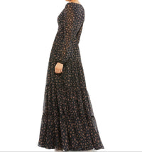 Ieena For Mac Duggal - Floral Ruffles Tiered Long Sleeve Maxi Dress - black - clothing - dresses