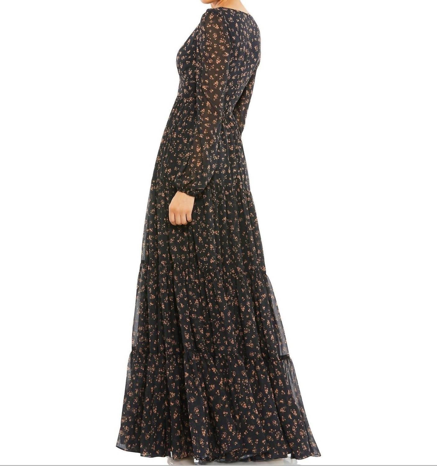 Ieena For Mac Duggal - Floral Ruffles Tiered Long Sleeve Maxi Dress - black - clothing - dresses