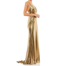 Ieena For Mac Duggal - Metallic Faux Wrap Spaghetti Strap Gown - brown - clothing - dresses