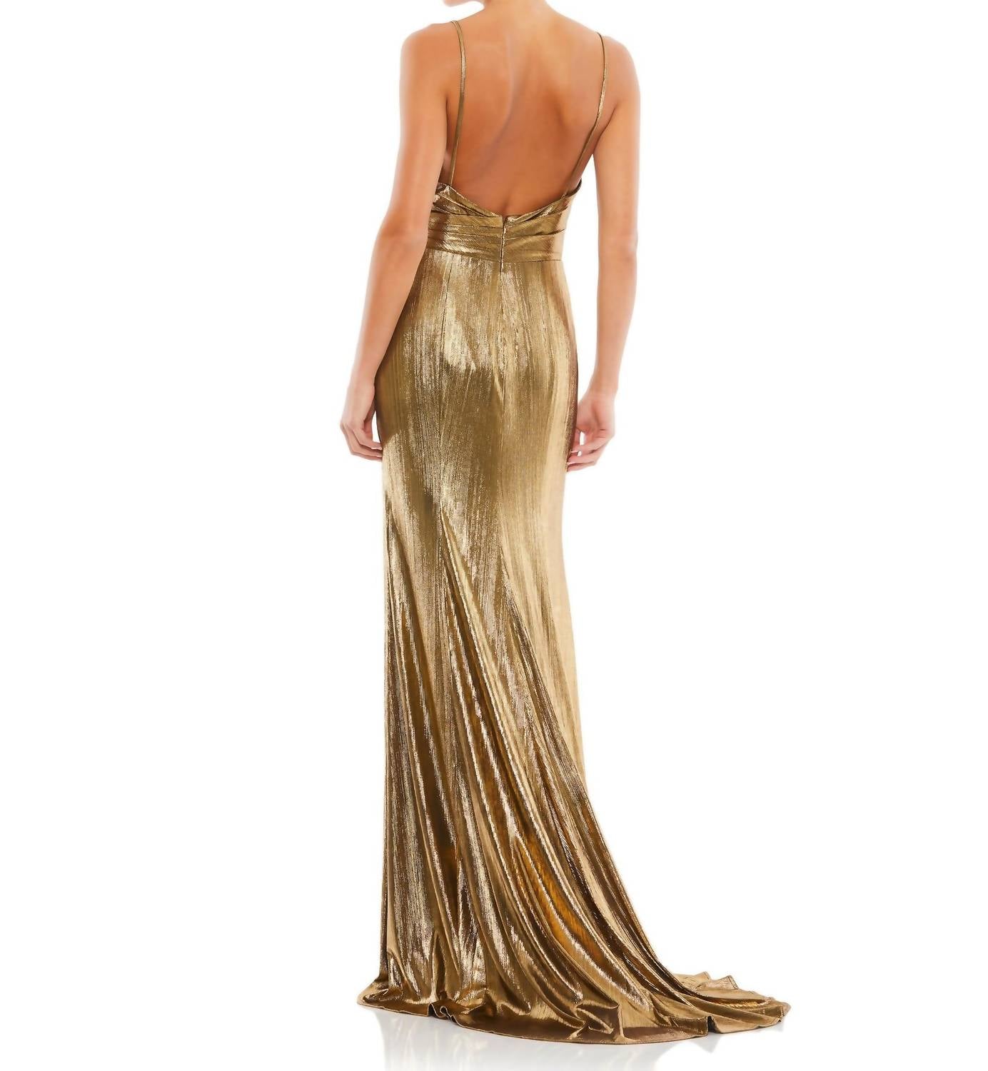 Ieena For Mac Duggal - Metallic Faux Wrap Spaghetti Strap Gown - brown - clothing - dresses