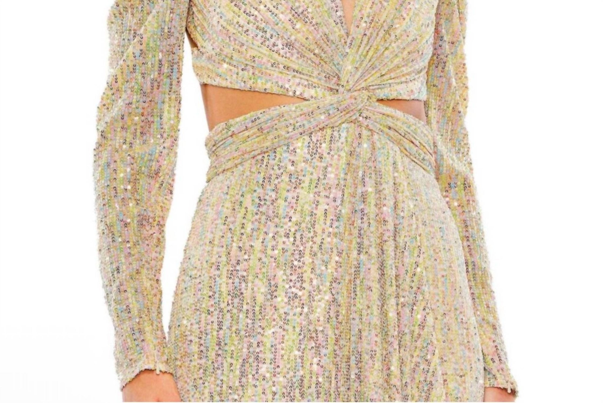 Ieena For Mac Duggal - Metallic Puff Sleeve Front Twist Cut - out Gown - clothing - dresses - gold