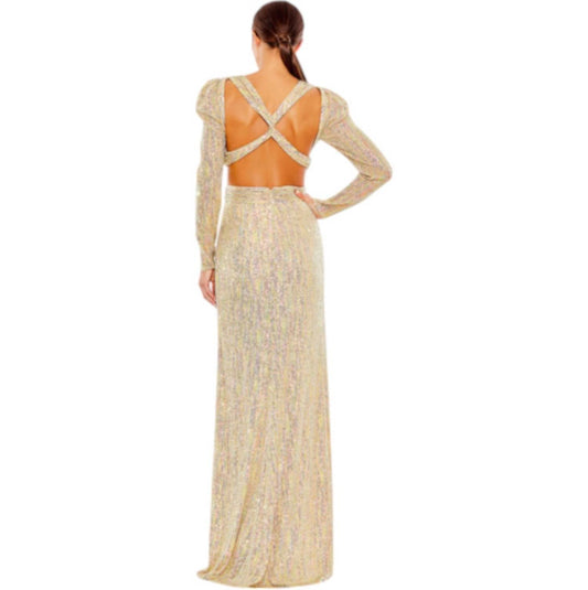 Ieena For Mac Duggal - Metallic Puff Sleeve Front Twist Cut - out Gown - clothing - dresses - gold