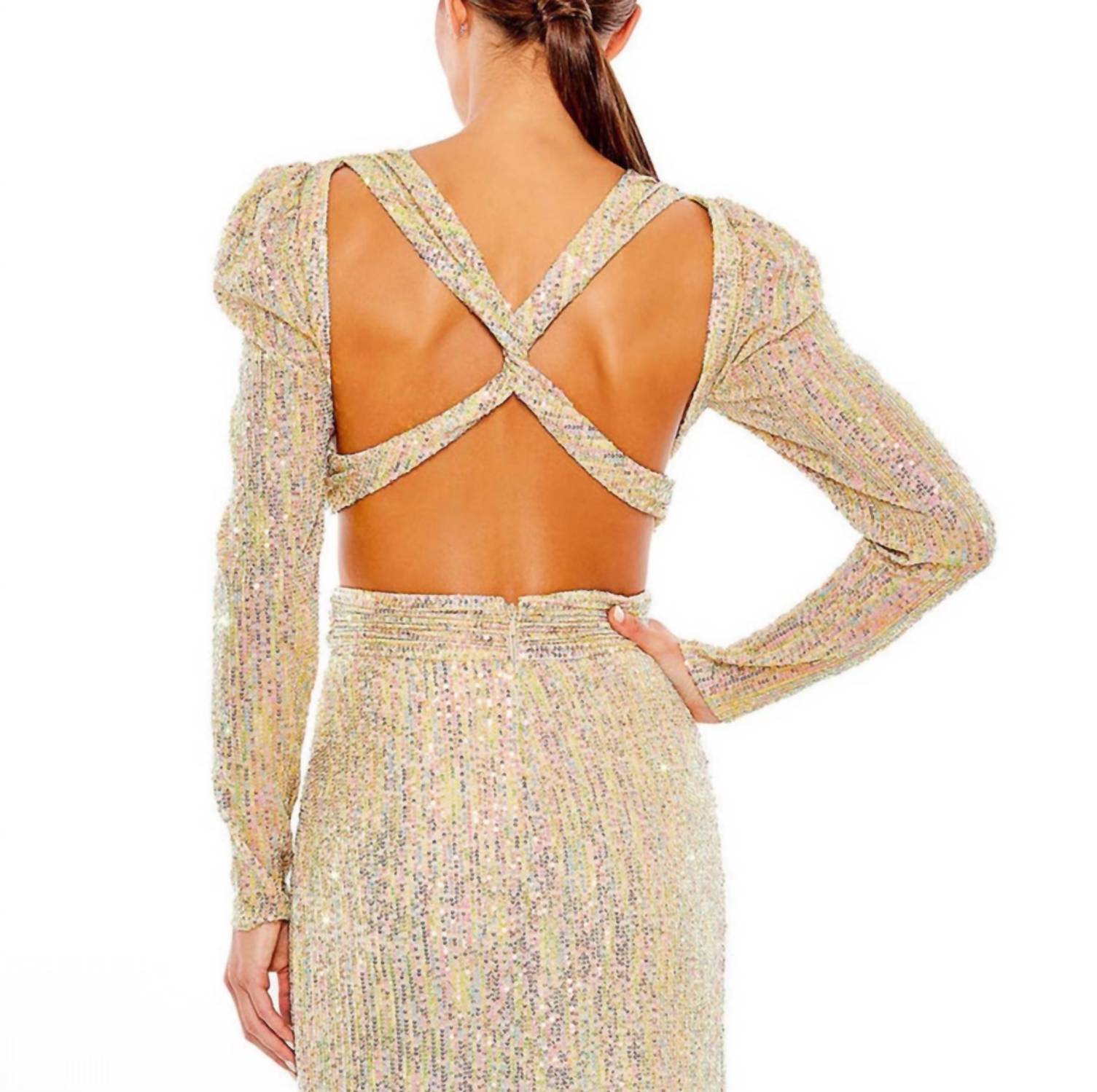 Ieena For Mac Duggal - Metallic Puff Sleeve Front Twist Cut - out Gown - clothing - dresses - gold
