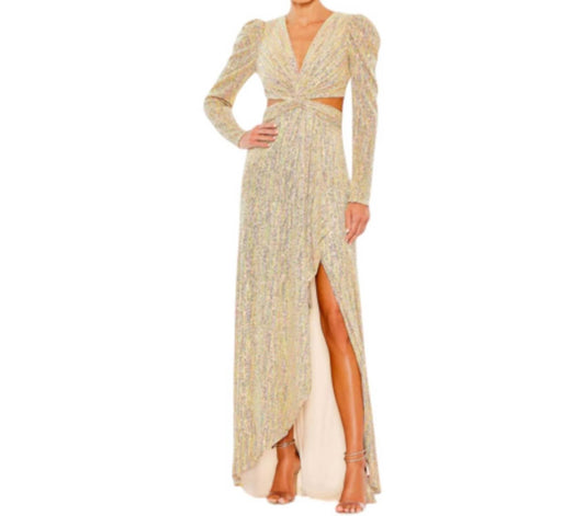 Ieena For Mac Duggal - Metallic Puff Sleeve Front Twist Cut - out Gown - clothing - dresses - gold