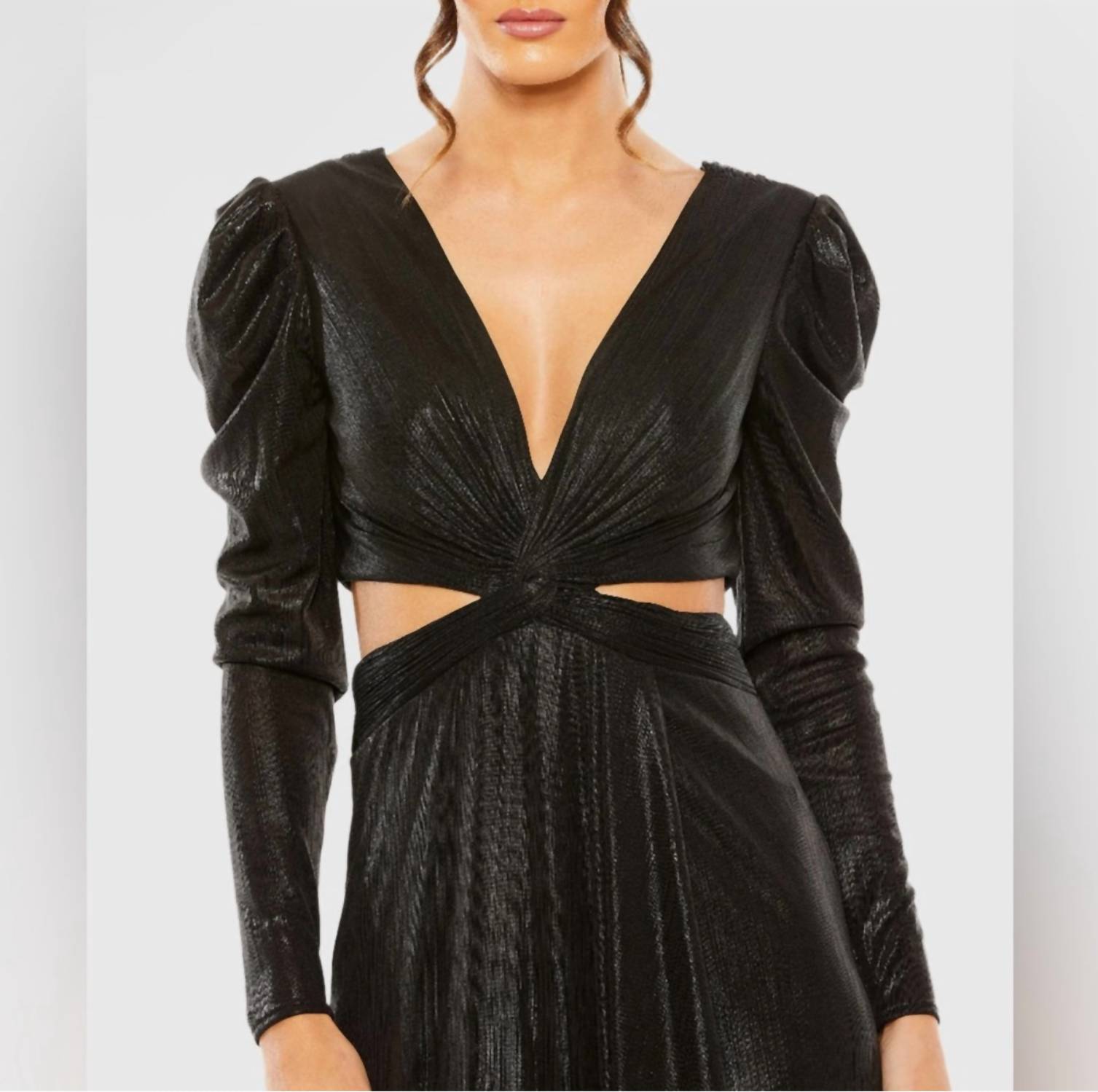 Ieena For Mac Duggal - Princess Sleeve Cut Out Metallic Gown - black - clothing - dresses