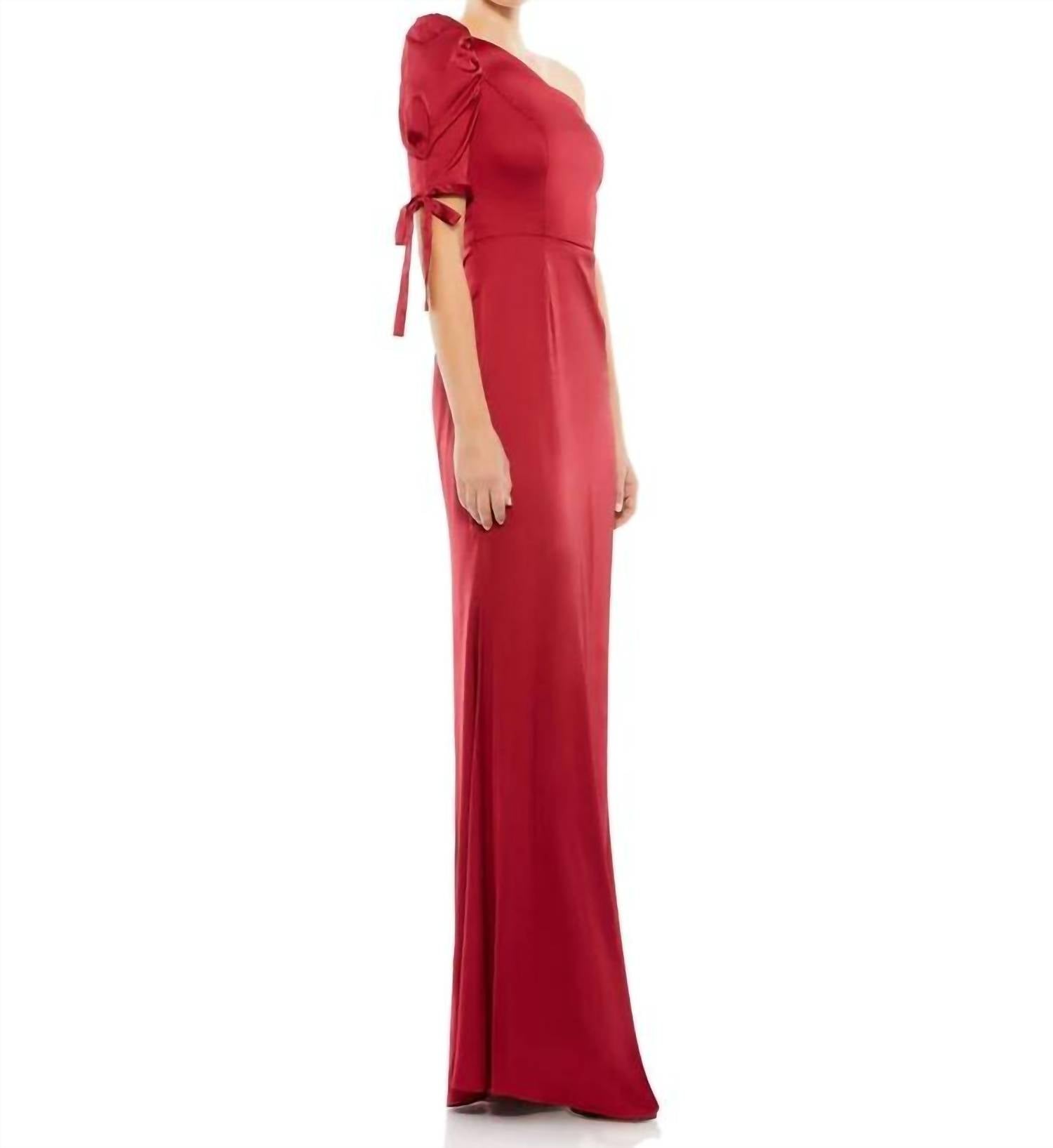 Ieena For Mac Duggal - Satin One Shoulder Puff Sleeve Trumpet Gown - clothing - dresses - maxi