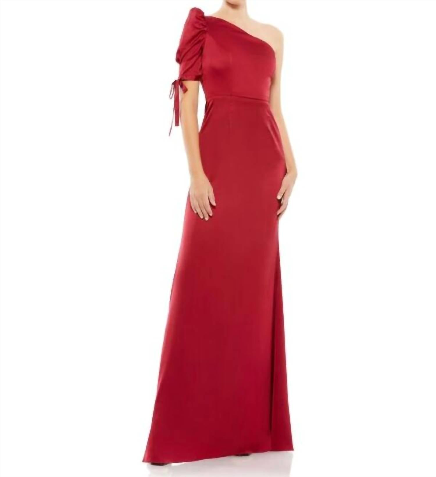 Ieena For Mac Duggal - Satin One Shoulder Puff Sleeve Trumpet Gown - clothing - dresses - maxi
