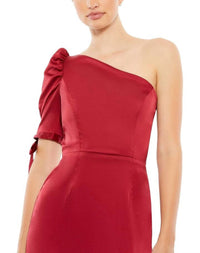 Ieena For Mac Duggal - Satin One Shoulder Puff Sleeve Trumpet Gown - clothing - dresses - maxi