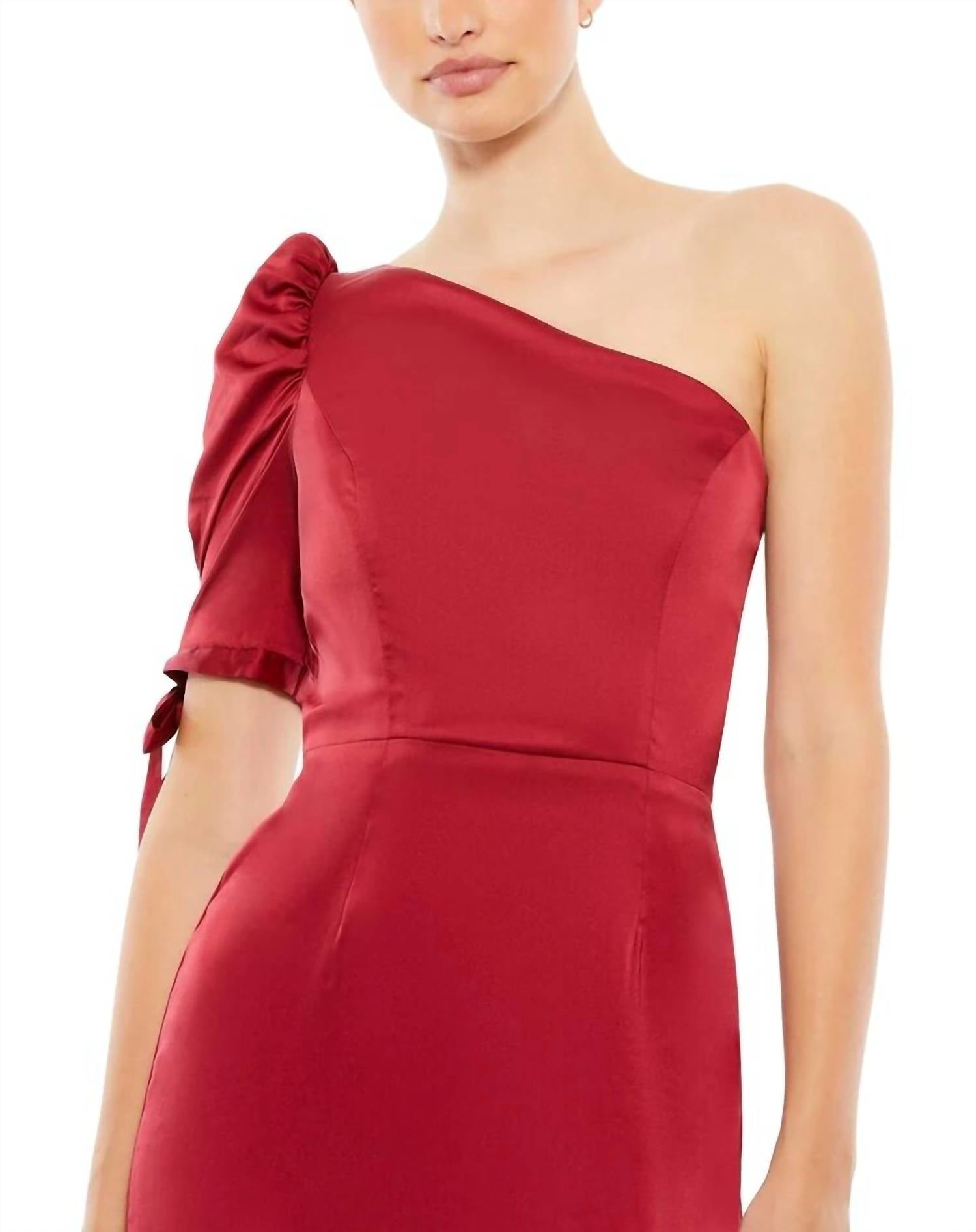 Ieena For Mac Duggal - Satin One Shoulder Puff Sleeve Trumpet Gown - clothing - dresses - maxi