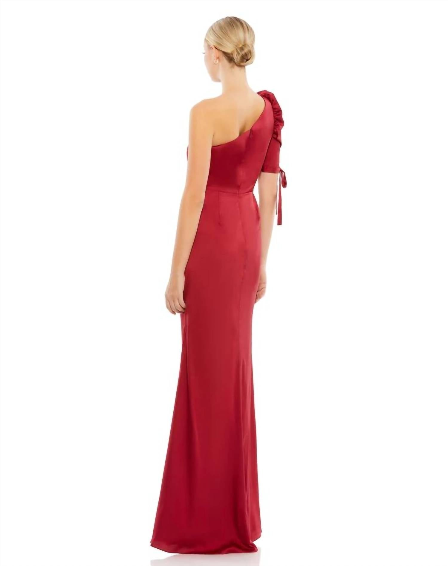 Ieena For Mac Duggal - Satin One Shoulder Puff Sleeve Trumpet Gown - clothing - dresses - maxi