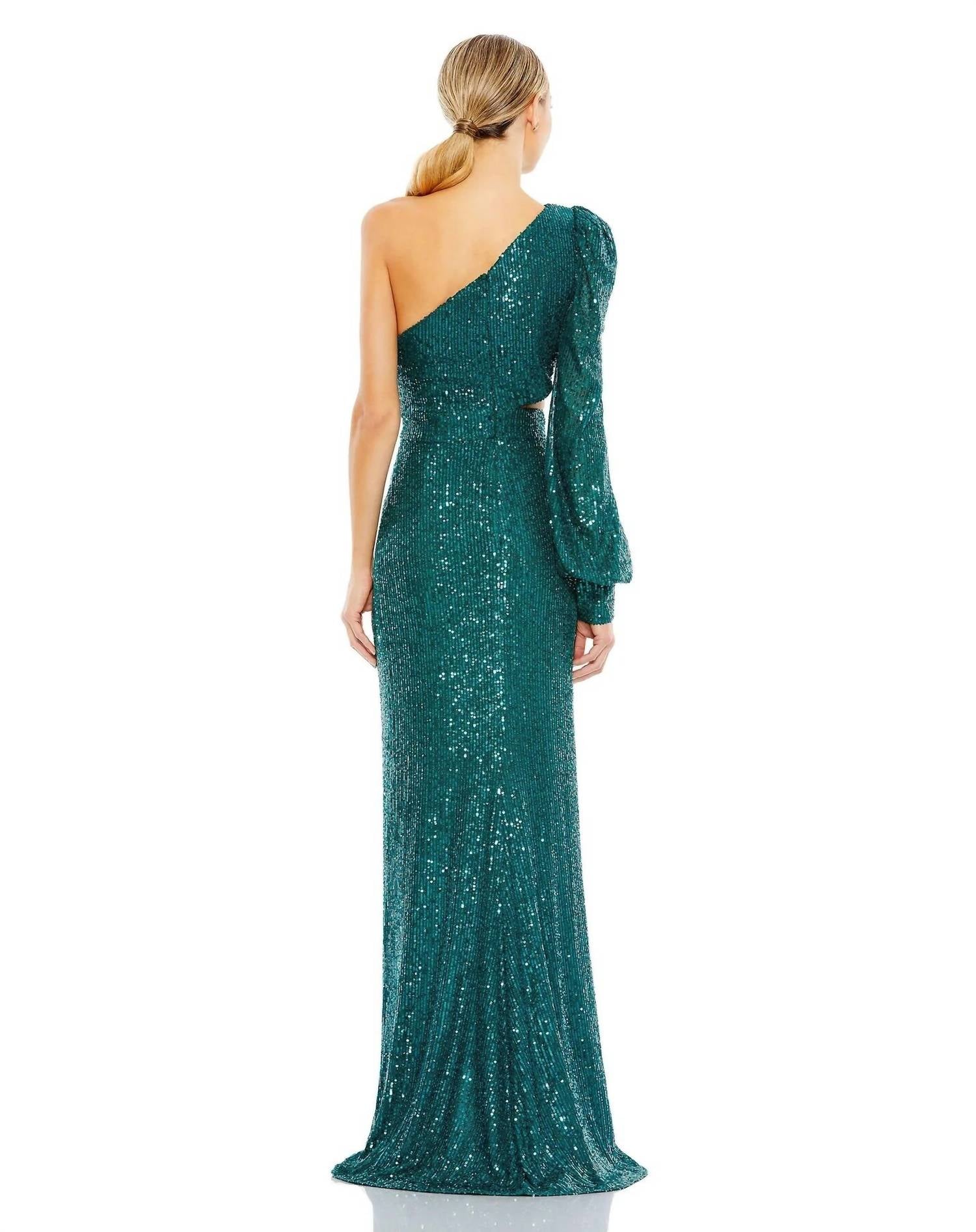 Ieena For Mac Duggal - Sequined One Shoulder Cut Out Gown - clothing - dresses - green