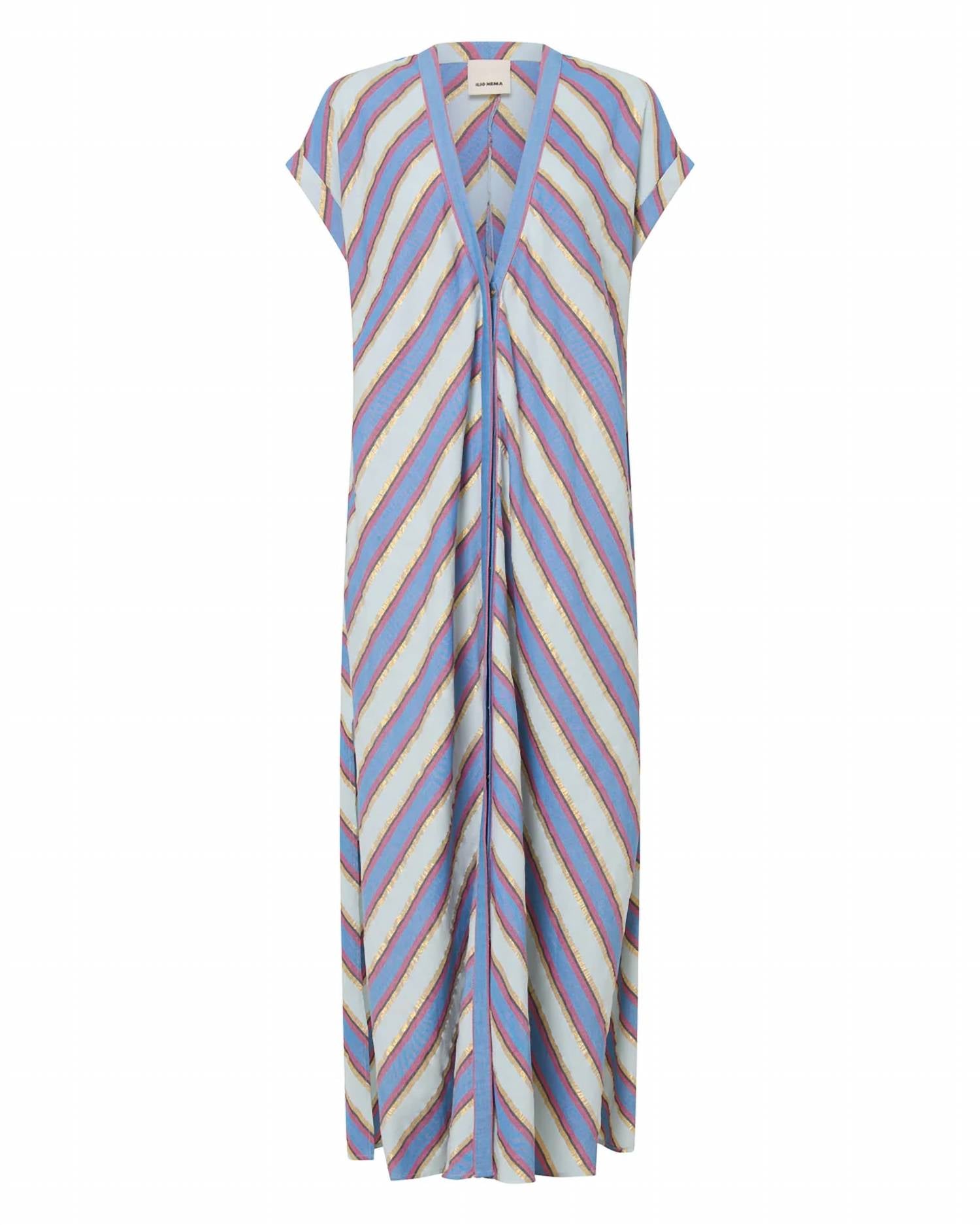 Ilio Nema - Cythera Stripe Caftan Dress - blue - clothing - cotton
