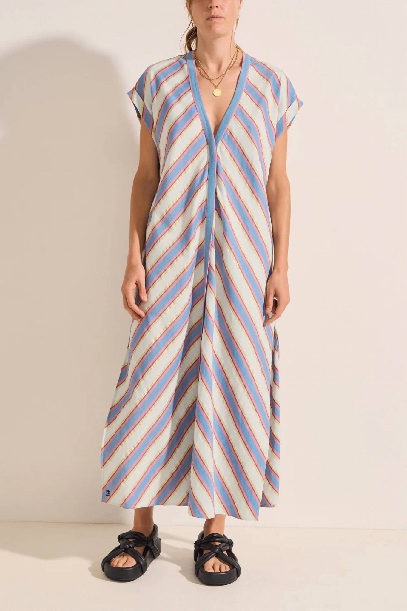 Ilio Nema - Cythera Stripe Caftan Dress - blue - clothing - cotton