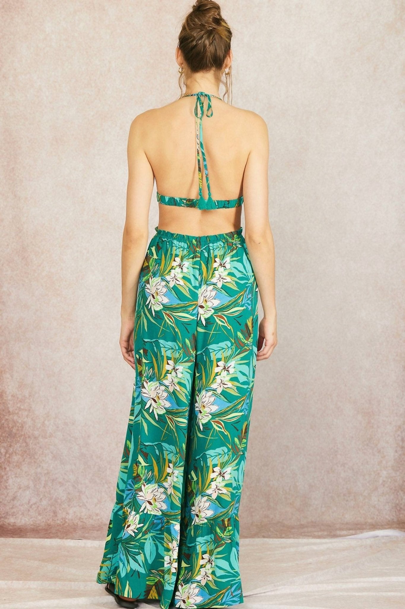 Illa Illa - Strappy Back Floral Printed Wide Leg Tube Jumpsuit - clothing - floral - green