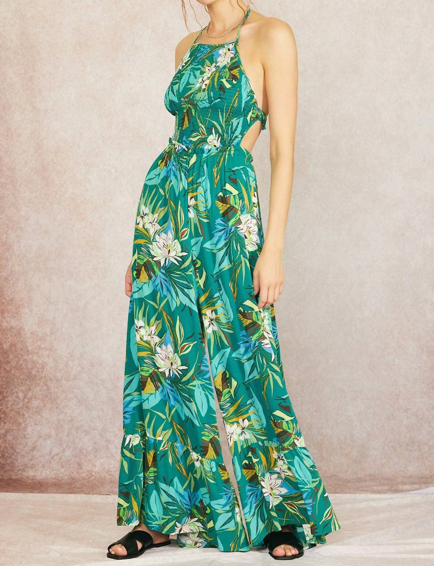 Illa Illa - Strappy Back Floral Printed Wide Leg Tube Jumpsuit - clothing - floral - green