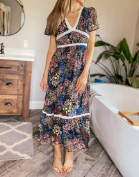 In - Loom - Bright Floral Chiffon Midi Dress - black - clothing - dresses