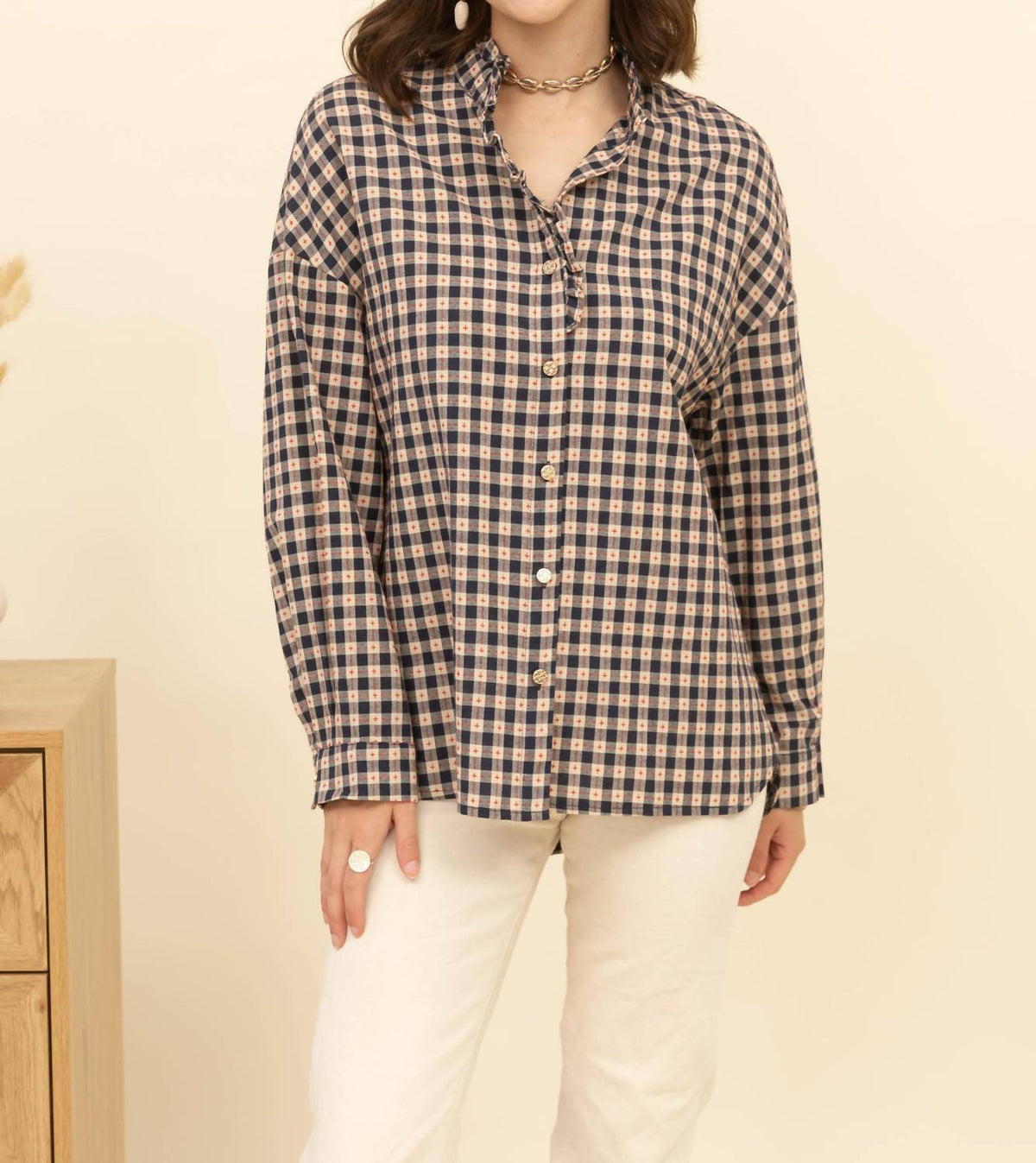 Inspiration Studio - Gingham Ruffle Jacquard Shirt