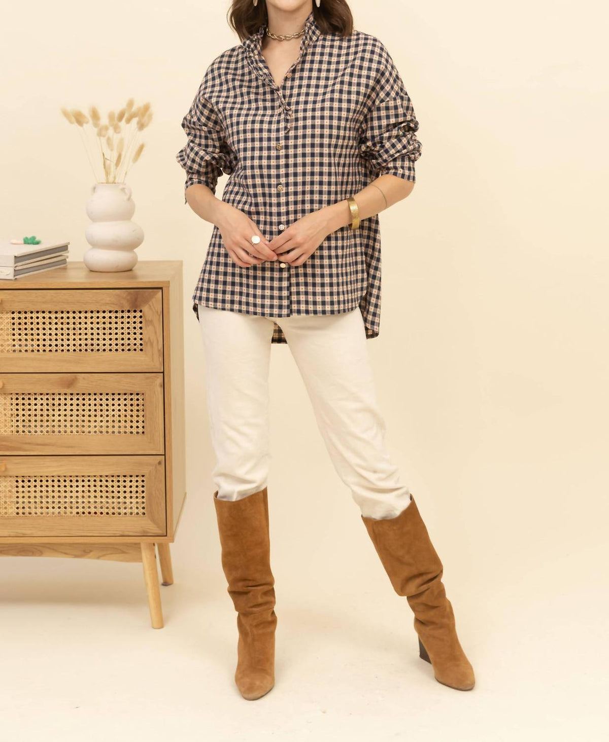 Inspiration Studio - Gingham Ruffle Jacquard Shirt