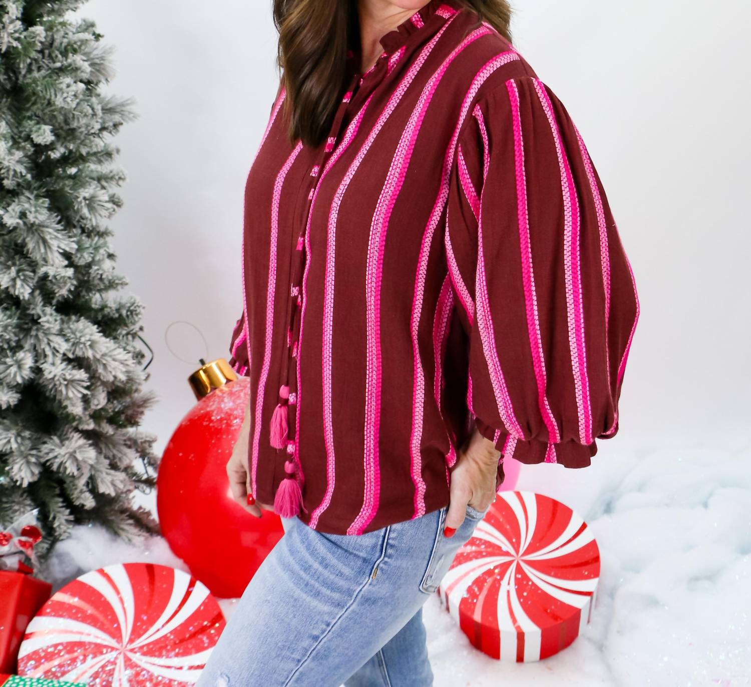 Ivy Jane - Balloon Sleeve Stripe Top - blouses - clothing - red