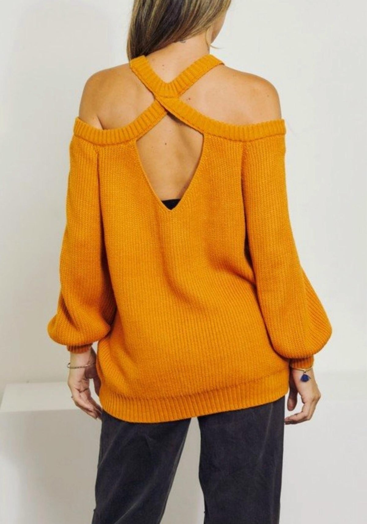 CROSS-BACK COLD-SHOULDER SWEATER