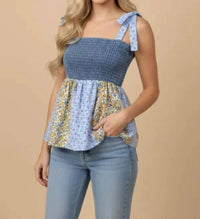 J.Nna - Patchwork Floral Smocked Babydoll Top