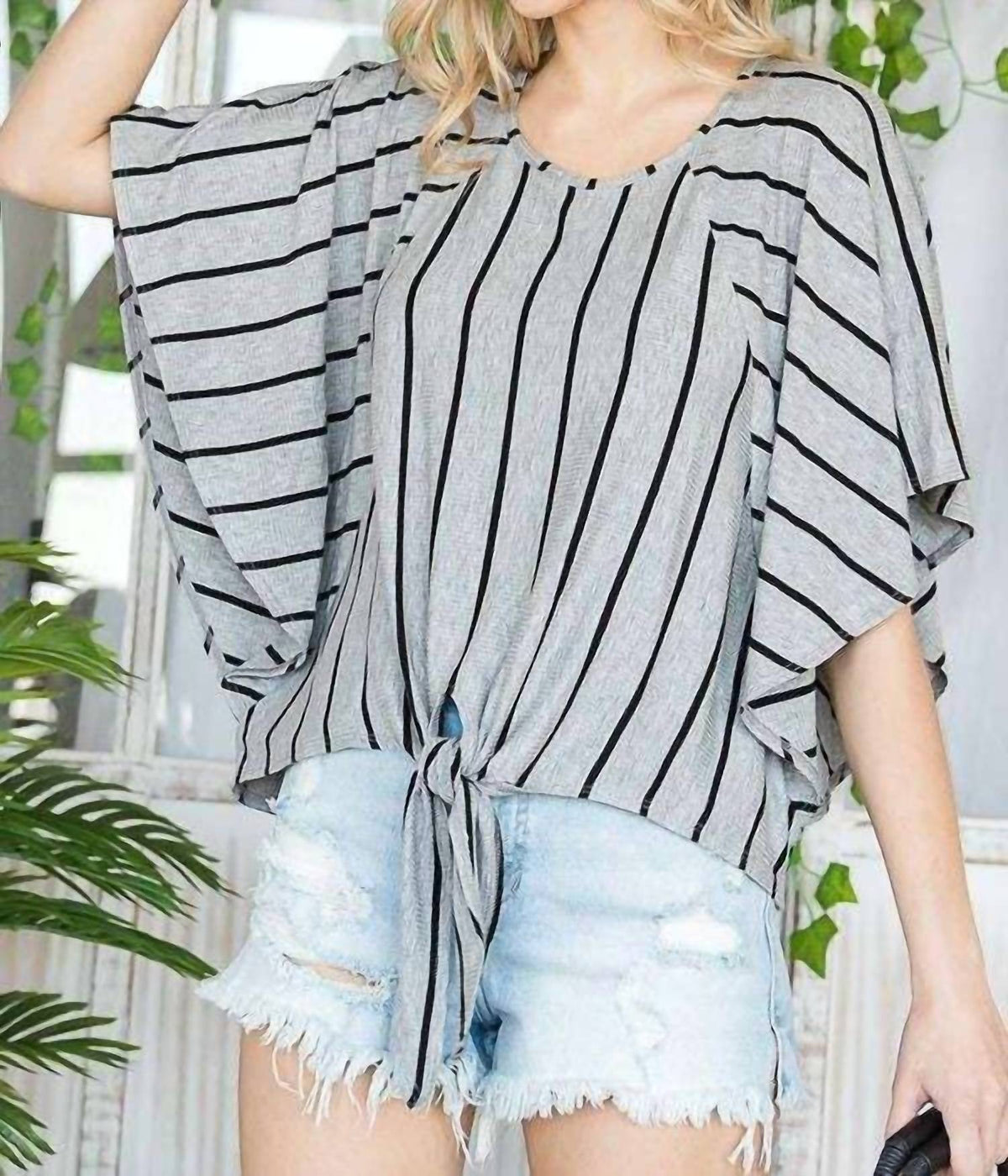 Jade By Jane - Stripe Print Tie Hem Round Neck Cape Sleeve Top