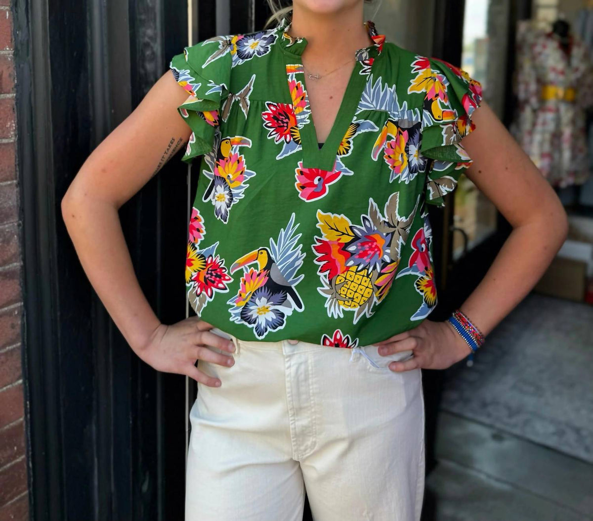 Jade - Toucan Para Ruffles Sleeve Top