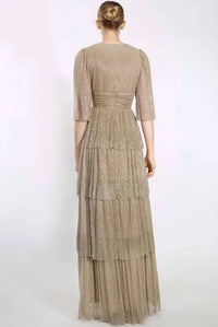 Janique - Janique Long Dress Jacquard Draped V - neckline Ruched Detailing Layered Skirt Dress by Janique - brown - clothing - dresses
