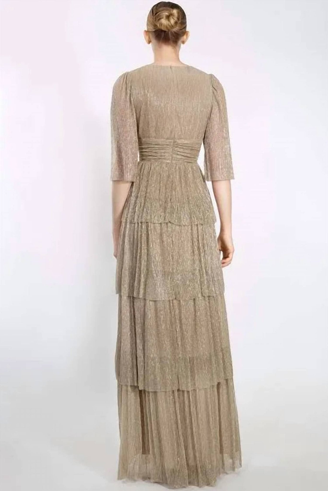 Janique - Janique Long Dress Jacquard Draped V - neckline Ruched Detailing Layered Skirt Dress by Janique - brown - clothing - dresses