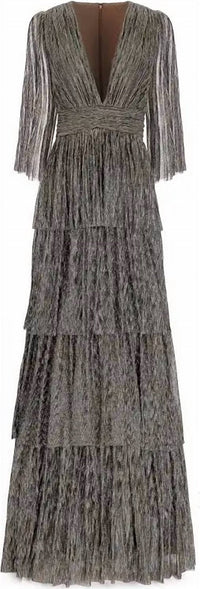 Janique - Janique Long Dress Jacquard Draped V - neckline Ruched Detailing Layered Skirt Dress by Janique - brown - clothing - dresses