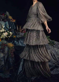 Janique - Janique Long Dress Jacquard Draped V - neckline Ruched Detailing Layered Skirt Dress by Janique - brown - clothing - dresses