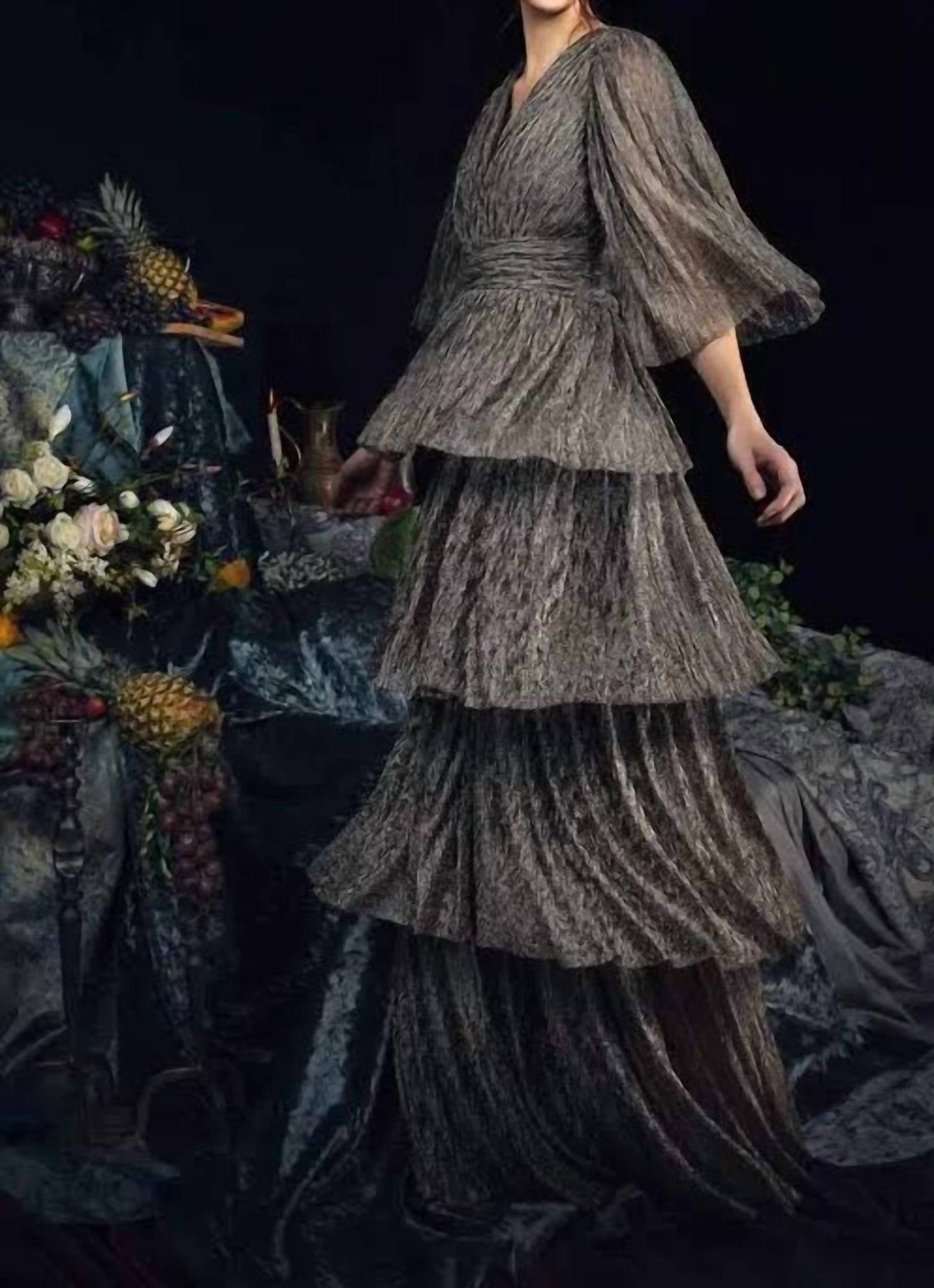 Janique - Janique Long Dress Jacquard Draped V - neckline Ruched Detailing Layered Skirt Dress by Janique - brown - clothing - dresses