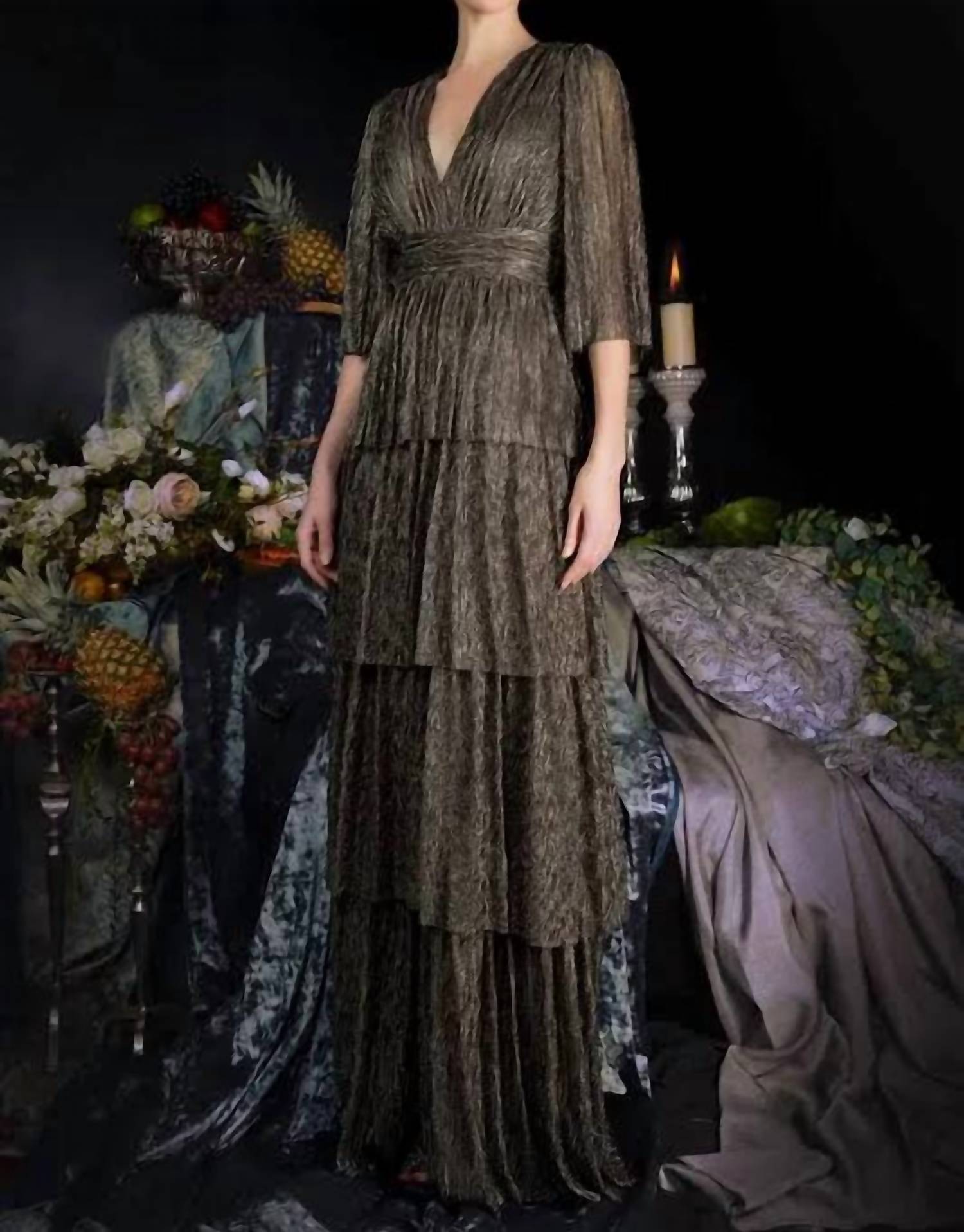 Janique - Janique Long Dress Jacquard Draped V - neckline Ruched Detailing Layered Skirt Dress by Janique - brown - clothing - dresses