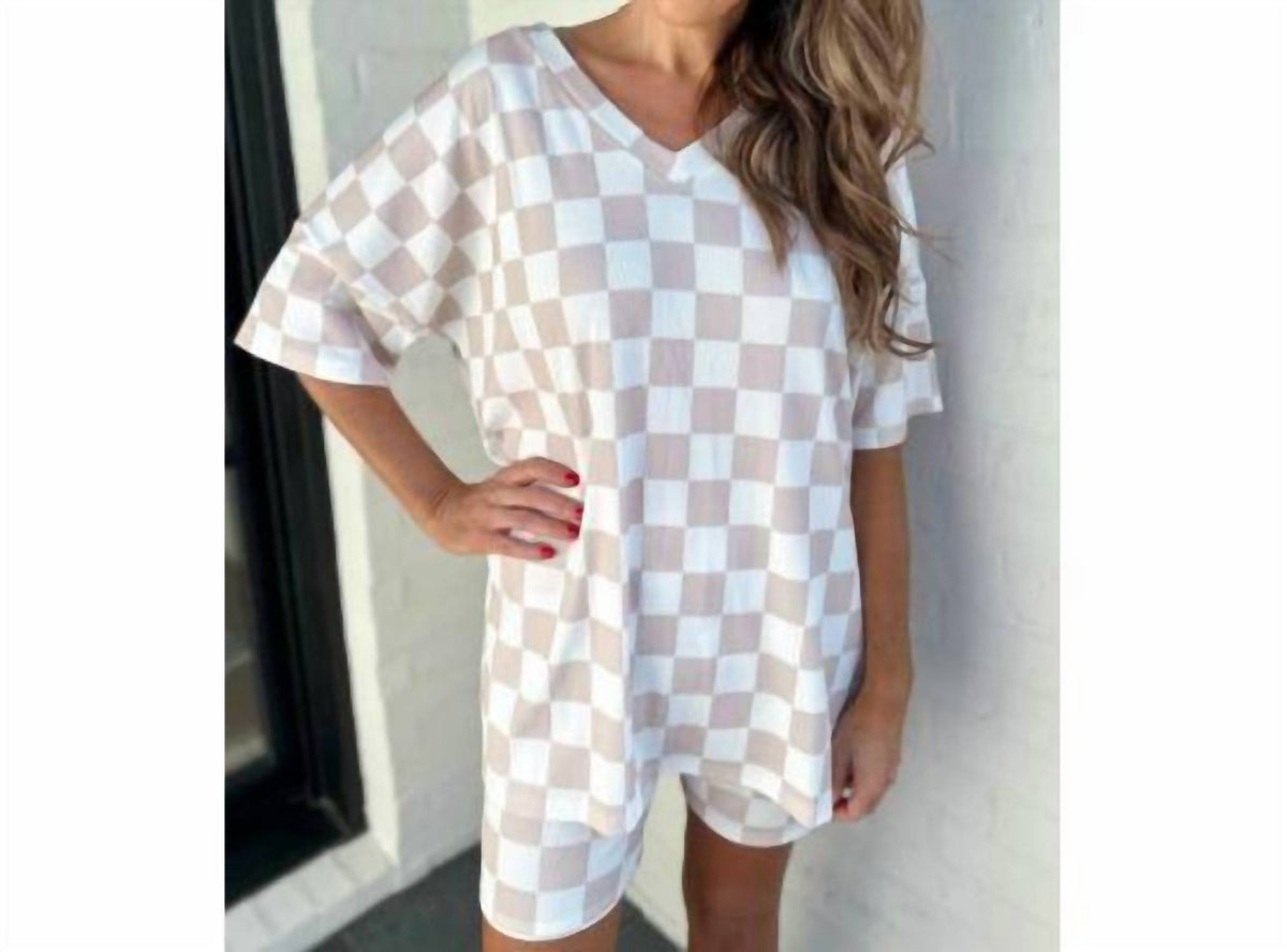 Jess Lea - Neutral Checkered V-Neck Short Set