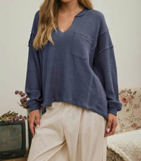 Joa - Split Neck Raw Edge Ribbed Knit Top