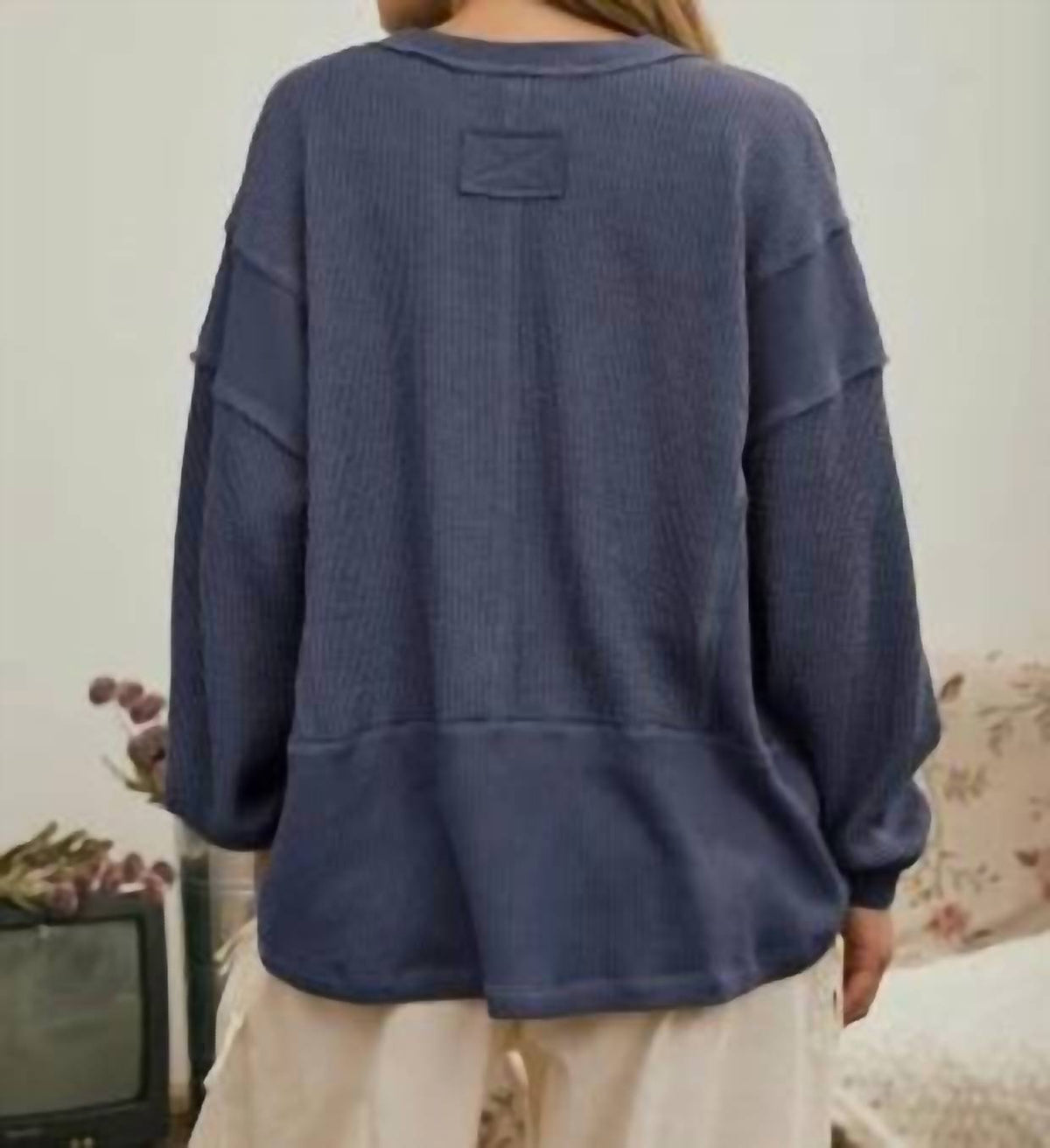 Joa - Split Neck Raw Edge Ribbed Knit Top