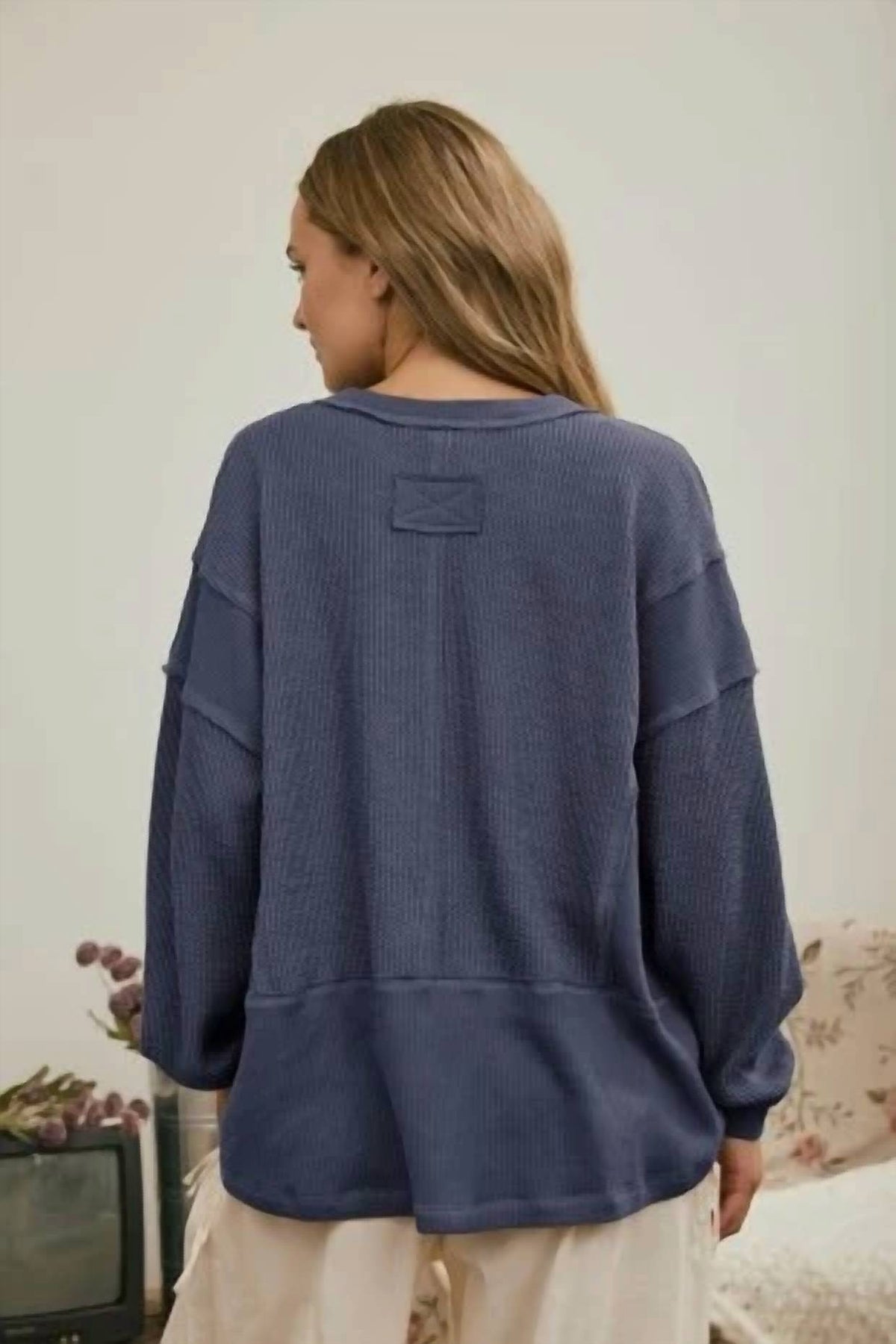 Joa - Split Neck Raw Edge Ribbed Knit Top
