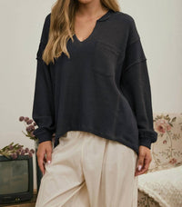 Joa - Split Neck Raw Edge Ribbed Knit Top