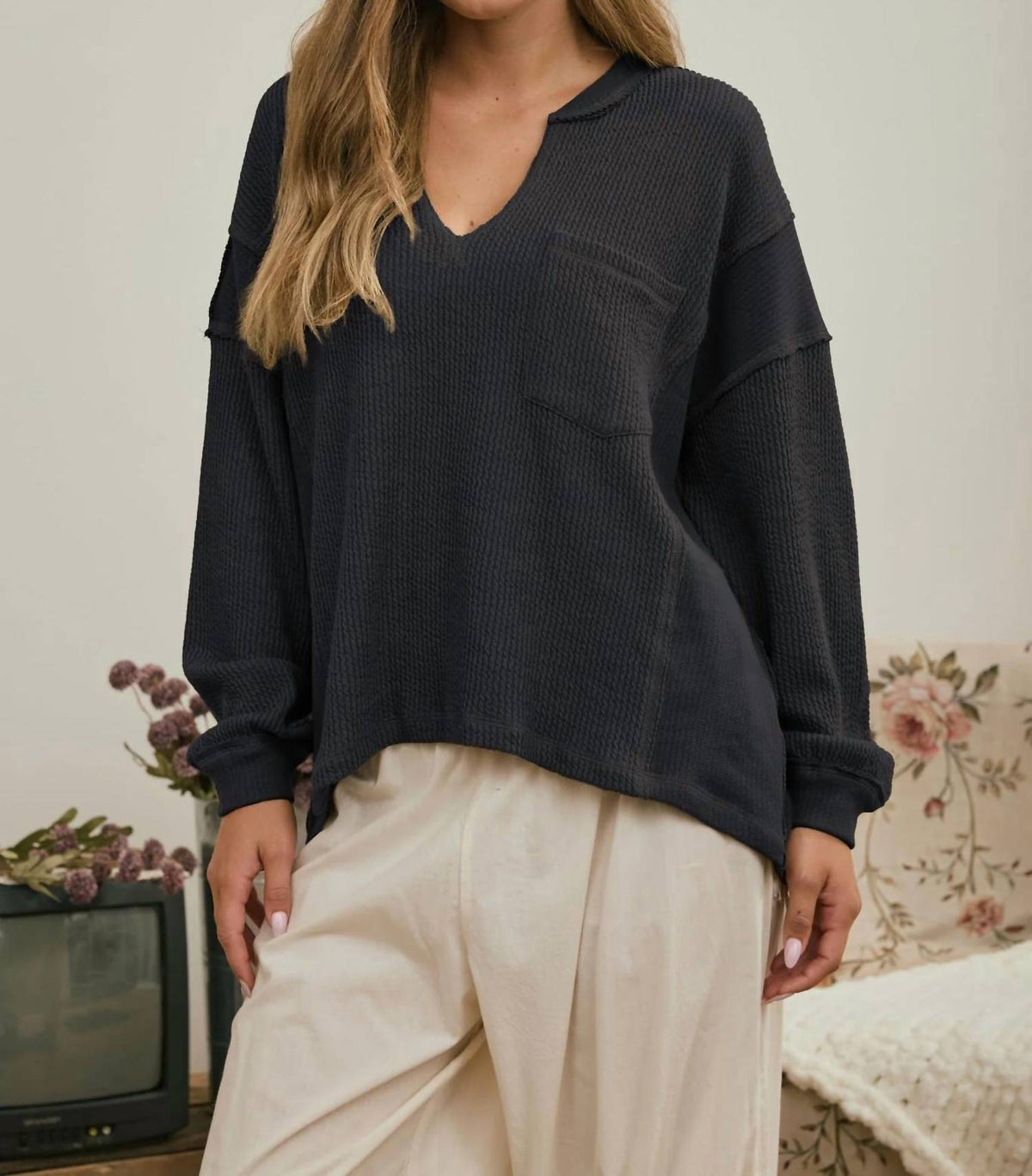 Joa - Split Neck Raw Edge Ribbed Knit Top